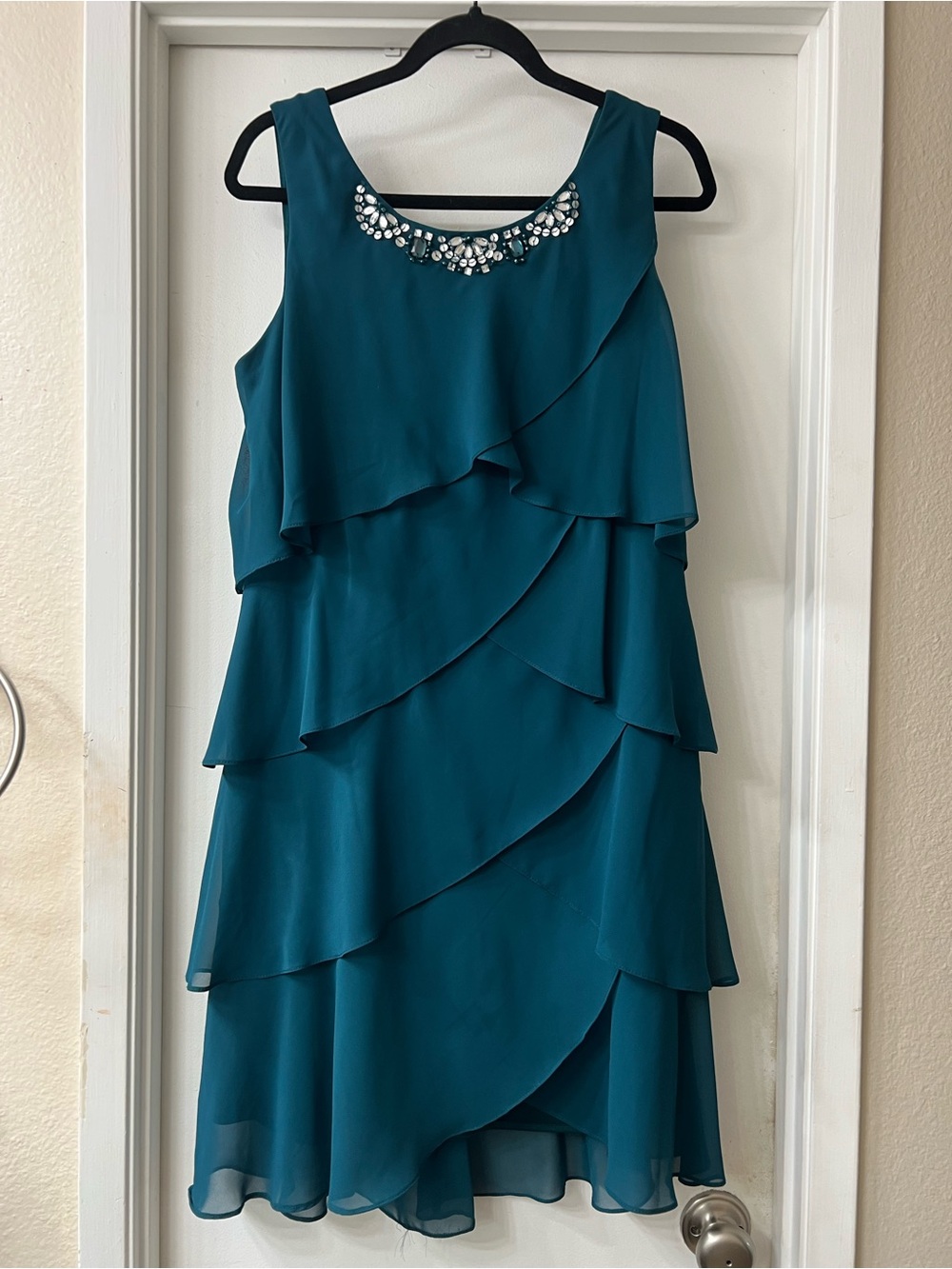 Teal Tiered Chiffon Dress with Embellished Neckline